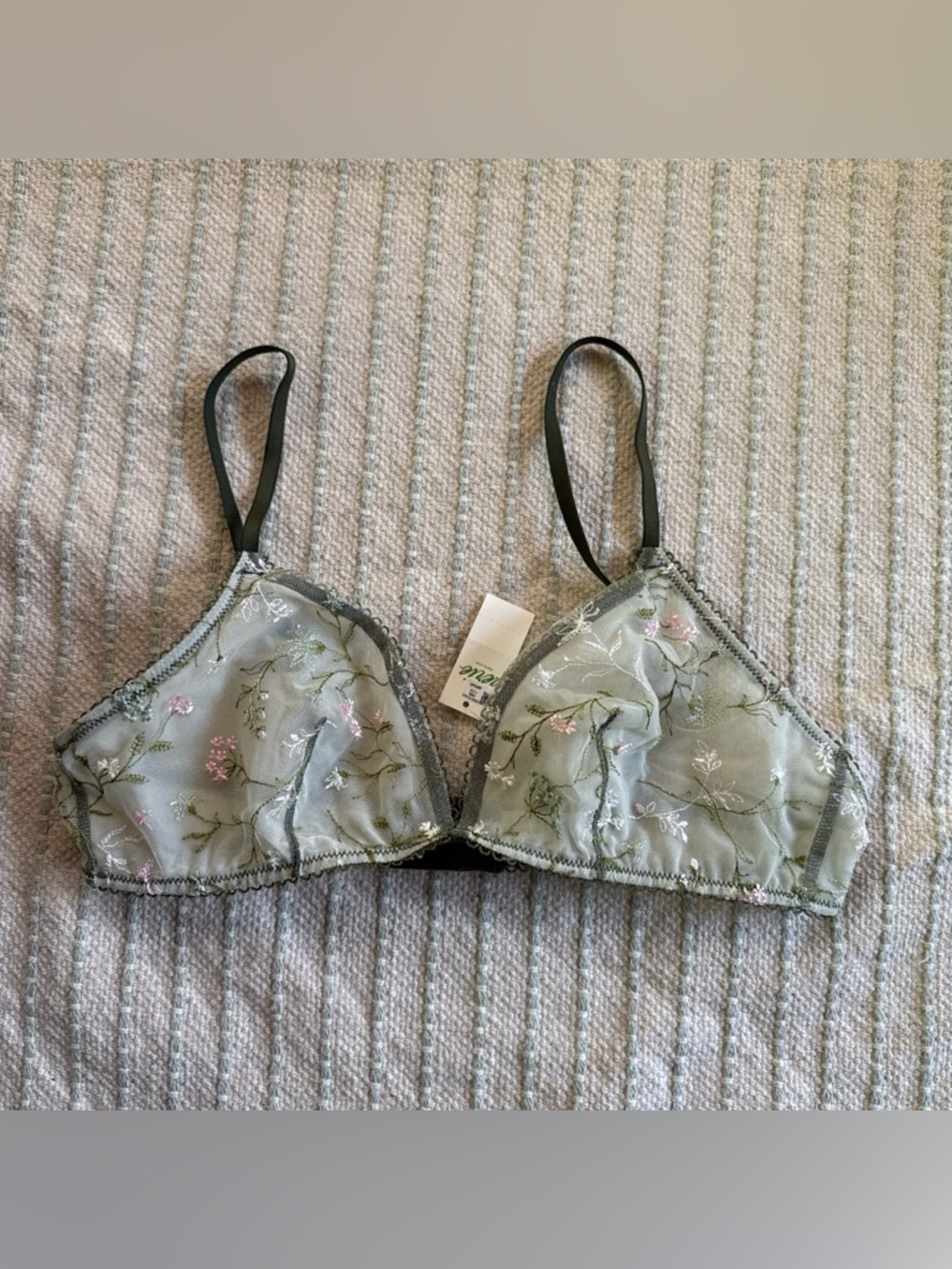 aerie Sheer Floral Embroidered Bralette in Sage Green with Black Straps